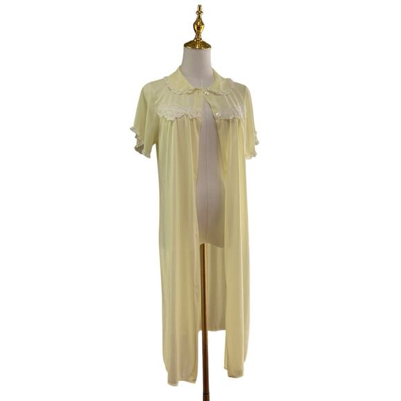 Vintage 60s Charmode SEARS Yellow Nylon Lacy Housecoat Robe Women's Size M - Picture 3 of 12